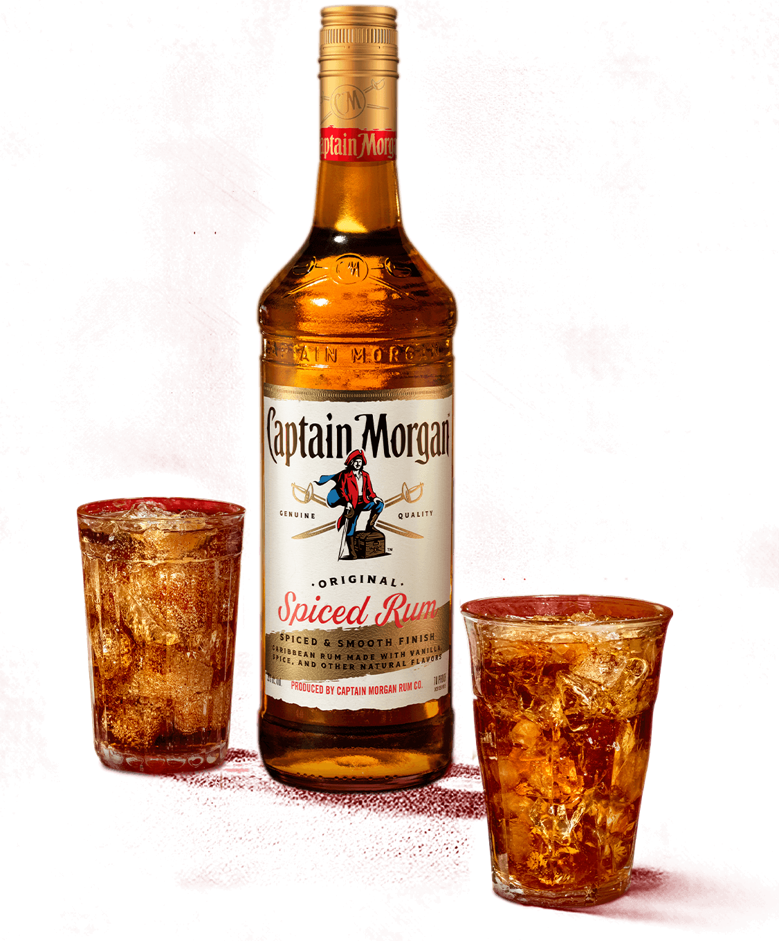 A bottle of Captain Morgan and two cocktails