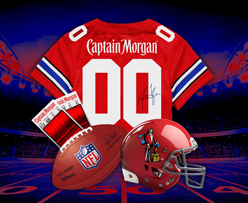 Picture of a Captain Morgan football jersey, tickets, a football and, Captain Morgan football helment