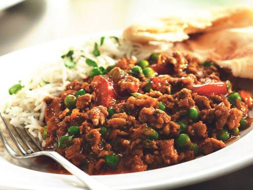 Quorn Meat Free Mince Keema Curry served with rice.