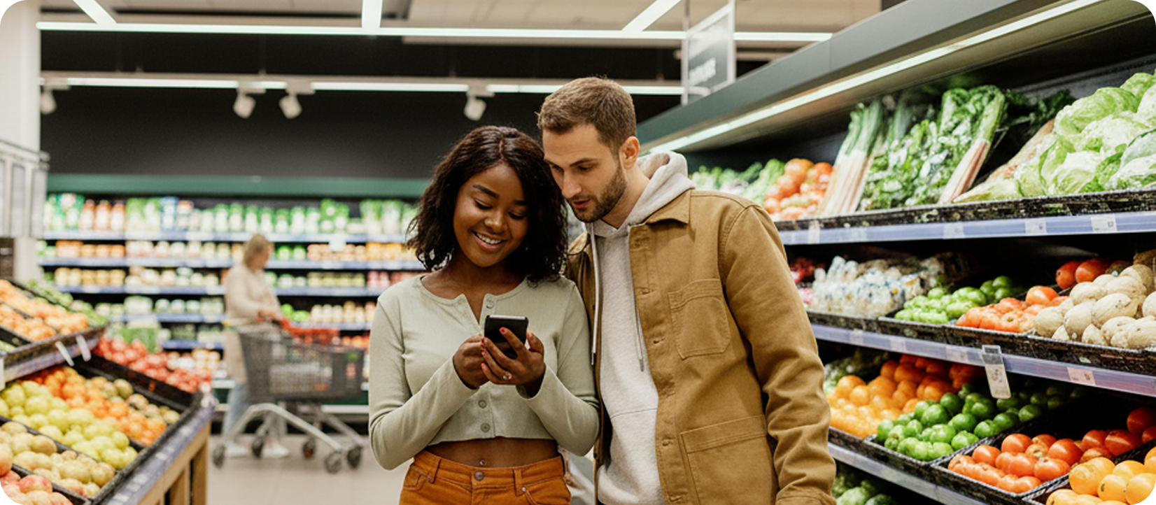 Smiling couple looks at a phone together while shopping in a grocery store’s fresh produce aisle