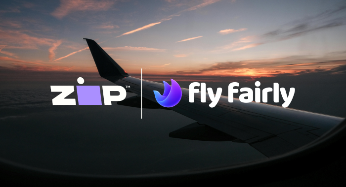 Zip and Fly Fairly logos over an airplane wing at sunset, for the Fly Fairly buy now, pay later travel case study