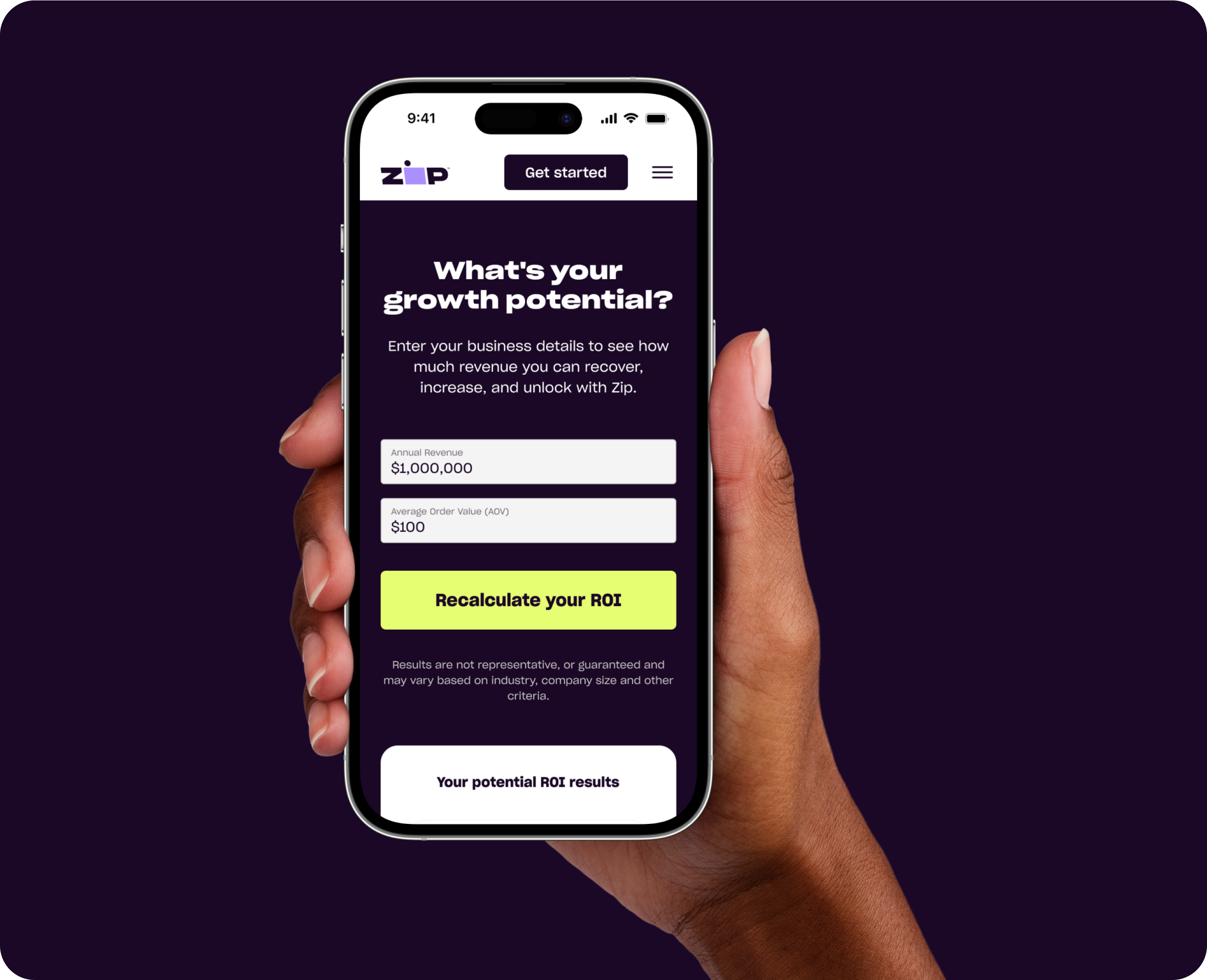 Hand holding a phone showing the Zip ROI calculator, where merchants estimate growth potential from buy now, pay later