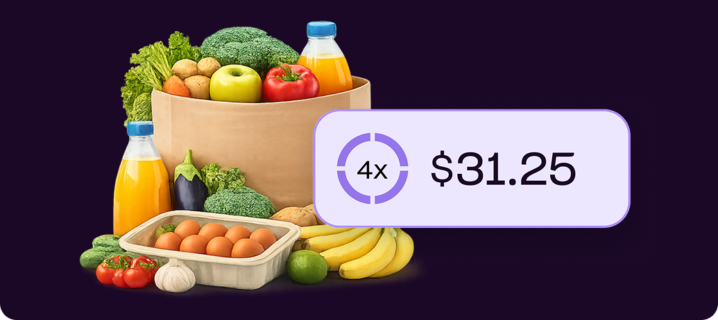 Larger grocery haul of produce, juice, and eggs with a Zip Pay in 4 tag showing 4 payments of $31.25 for groceries