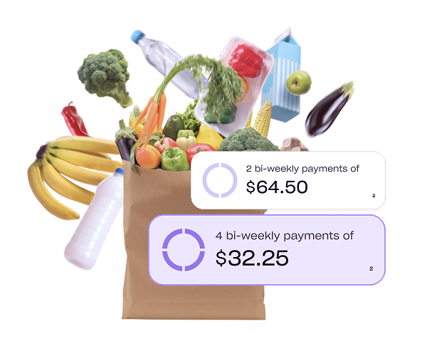 Grocery bag full of fresh produce beside Zip buy now, pay later options of 2 bi-weekly payments of $64.50 or 4 of $32.25