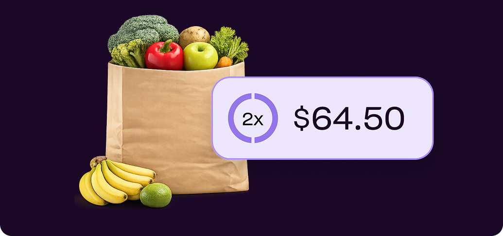 Grocery bag of fresh produce with a Zip Pay in 2 tag showing 2 payments of $64.50 for buy now, pay later groceries
