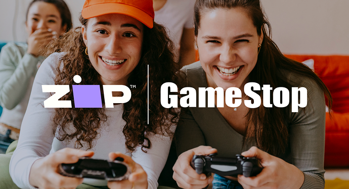 Zip and GameStop logos over two friends playing video games, for the GameStop buy now, pay later growth case study