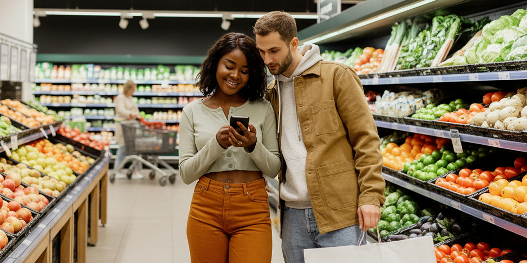 Shoppers using a smartphone while browsing products in a grocery store