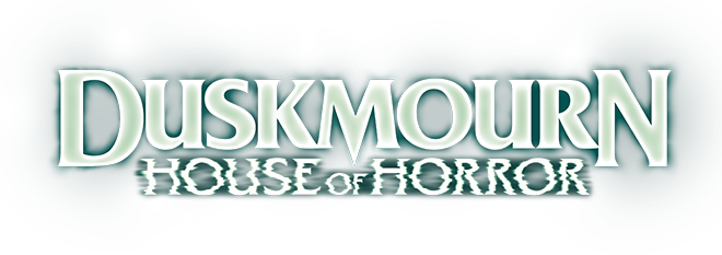 Duskmourn: House of Horror spooky logo with the words House of Horror in a glitchy video display style