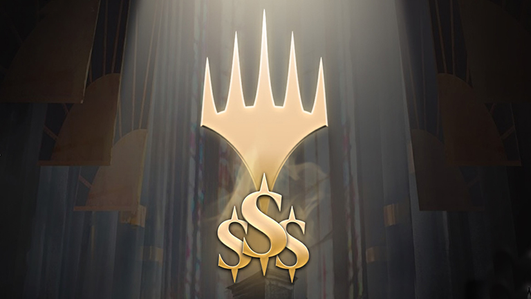Gold Planeswalker symbol with three gold dollar signs on a dark background fading radially toward the center where a pedestal stands