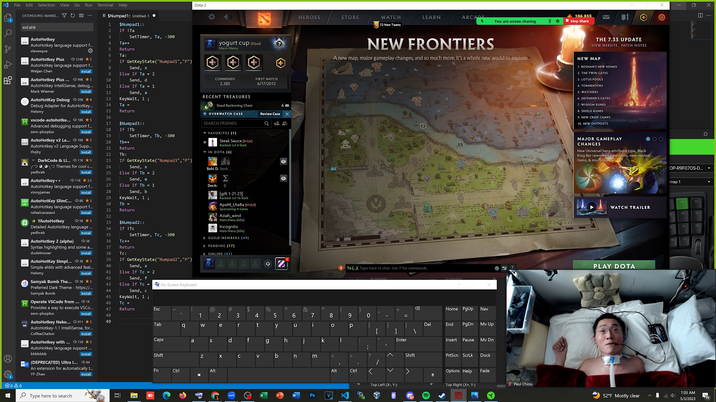 VS Code with Chiou’s key-mapping program using AutoKey, overlaid with an on-screen keyboard, a picture-in-picture of Chiou and his custom switch for gaming, and a Dota 2 window.