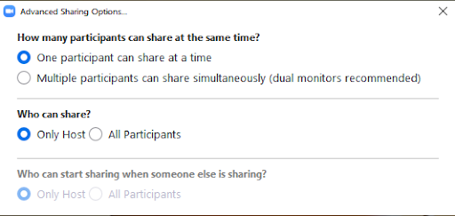 Zoom's share screen feature with three options: how many participants can share at the same time, who can share, and who can start sharing when someone else is sharing