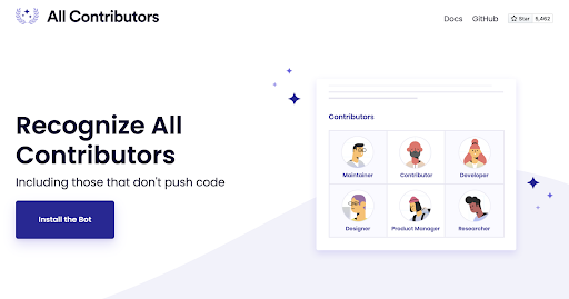 The home page for AllContribors.org with the tagline, "Recognize all contributors, including those who don't push code"