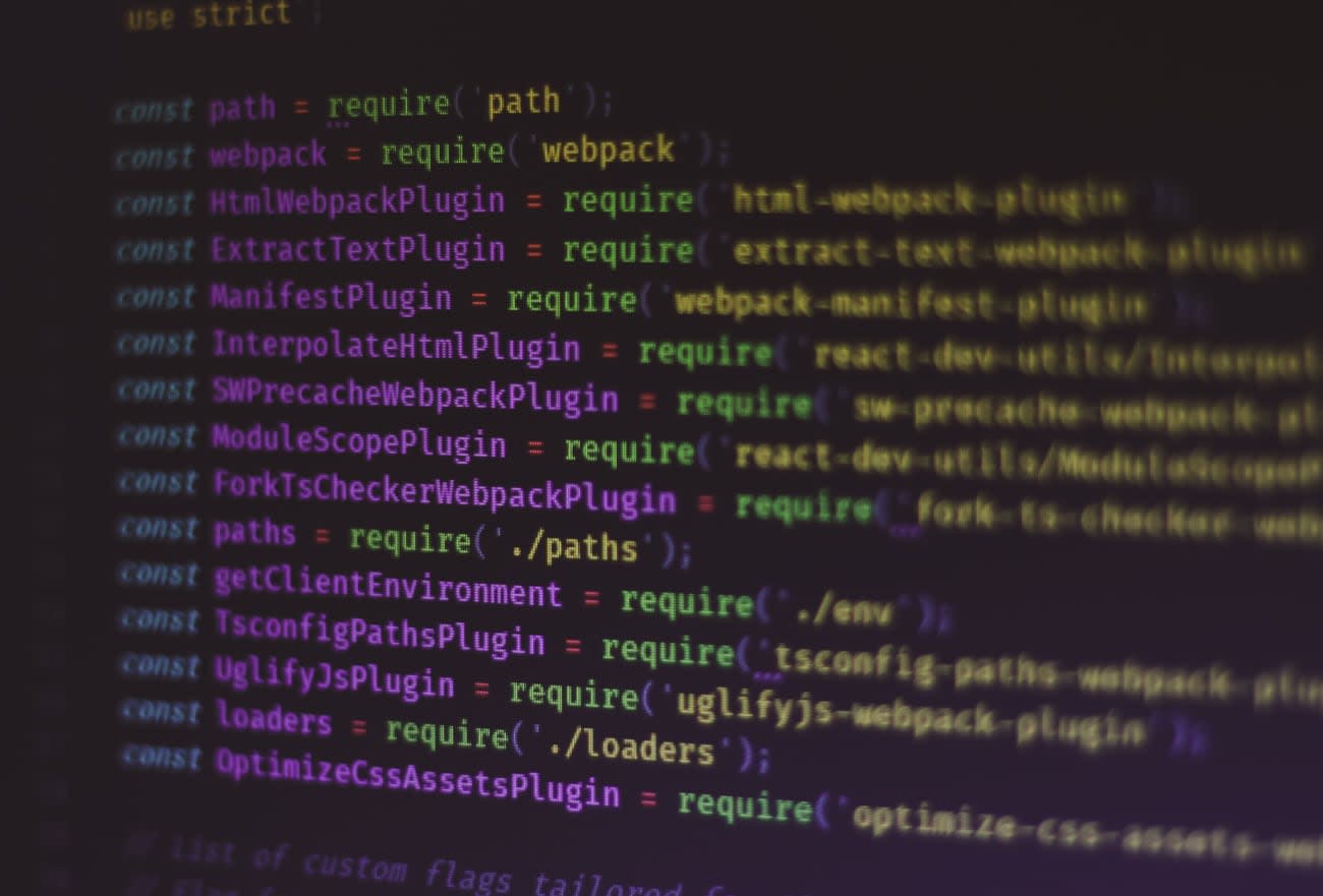 Photo of a webpack configuration file in a code editor on a computer screen.