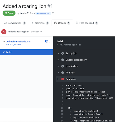 A pull request for the roaring lion branch. Shows a green open status with a failed Actions run