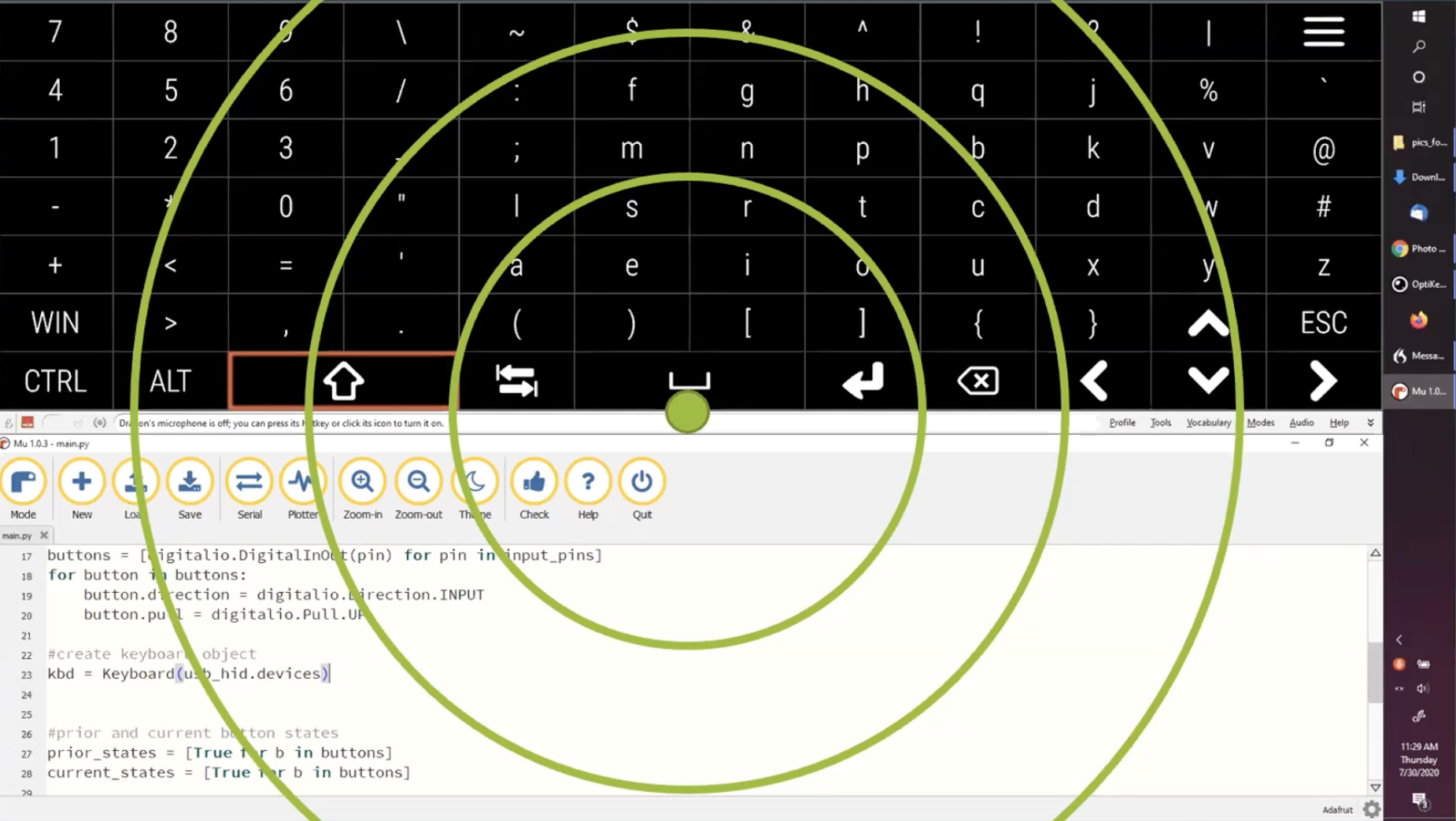 Screenshot of Anna Kirkpatrick’s custom keyboard for coding, with concentric circles overlaid on top to show how the most commonly used characters radiate out from the center of the screen.