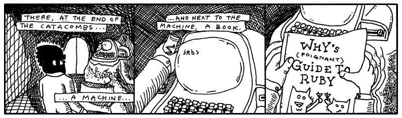 A comic strip about discovering the Ruby language