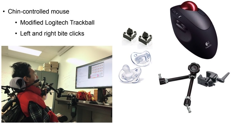 The assistive technology Chiou uses to access the computer from his wheelchair includes a modified trackball mounted to an arm to control mouse movements with his chin, and two pacifiers with switches inside; he bites to right and left click the mouse.
