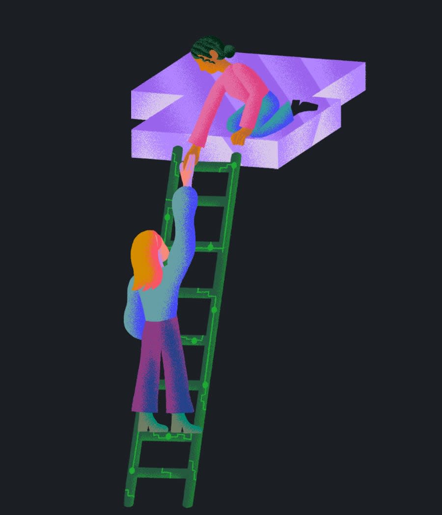Illustration of two female developers helping eachother climb a ladder.