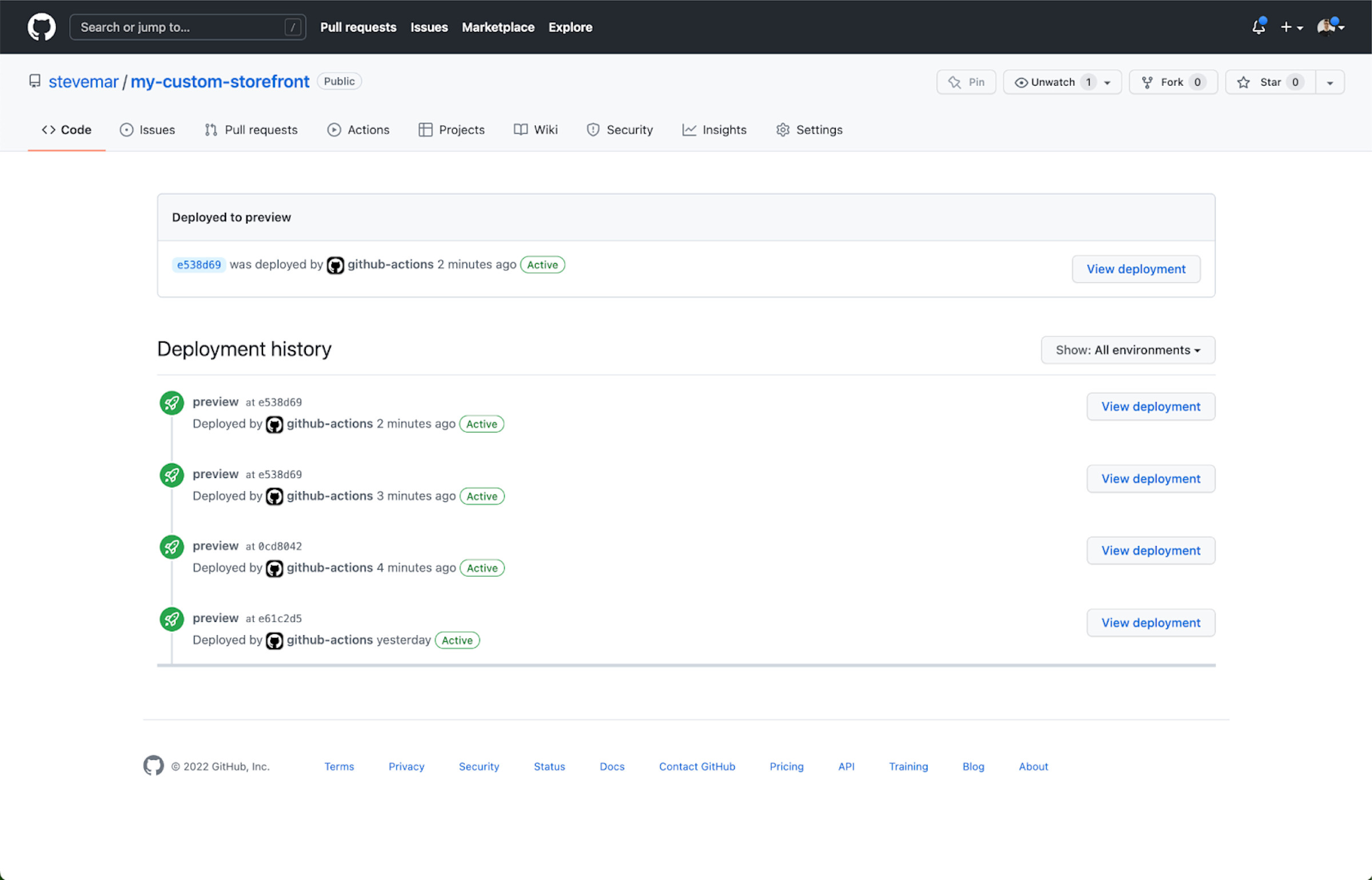 Deployments as seen in the GitHub repo