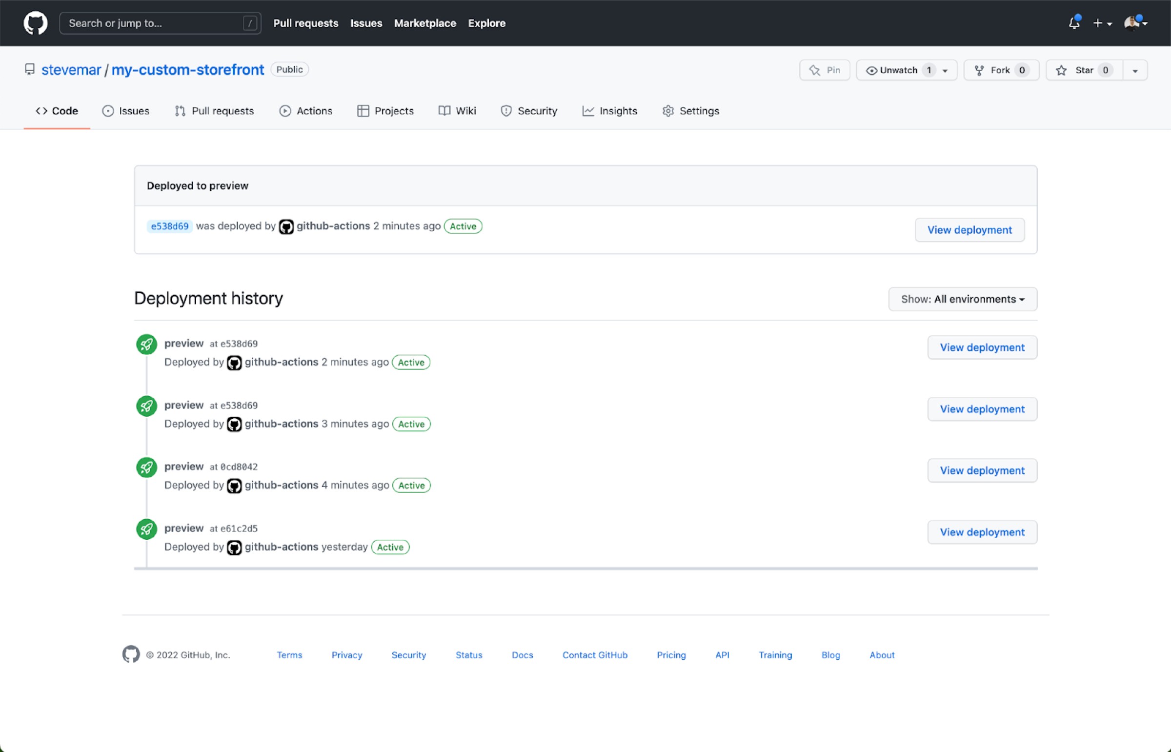 Deployments as seen in the GitHub repo