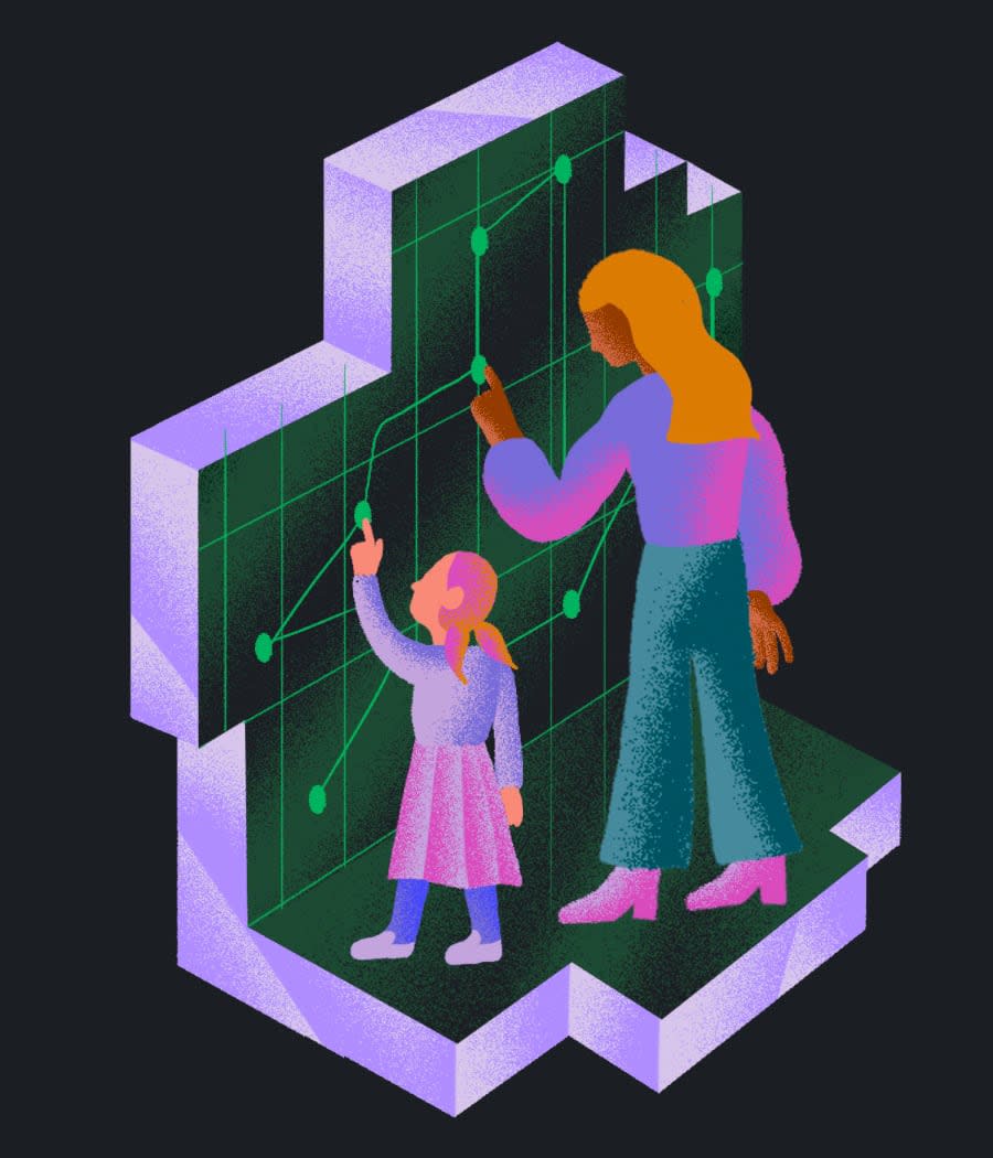 Illustration of a mother and child looking at graphs.
