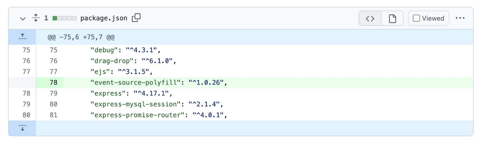 A pull request with a list of dependencies. It includes names and version numbers, but no other information about how or why a dependency is used.