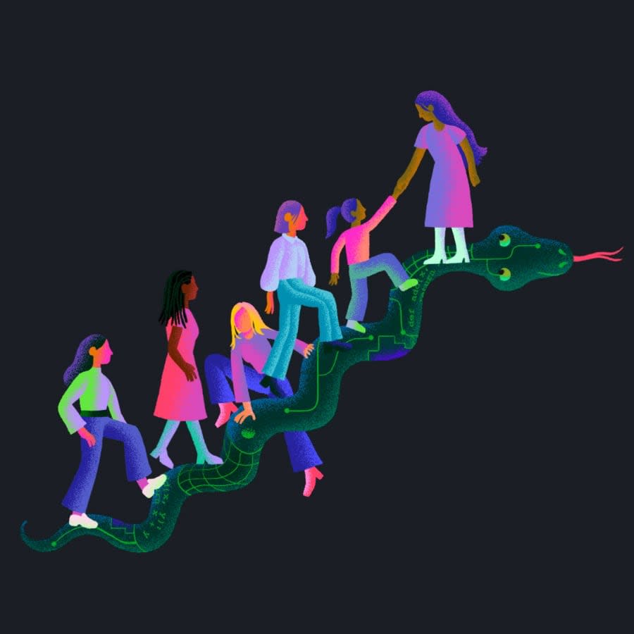 Illustration of women helping each other climb the stairs depicted as a digital snake.