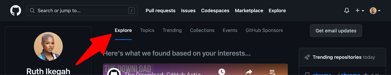 Arrow pointing to the explore tab as a logged in user on github.51.al. 