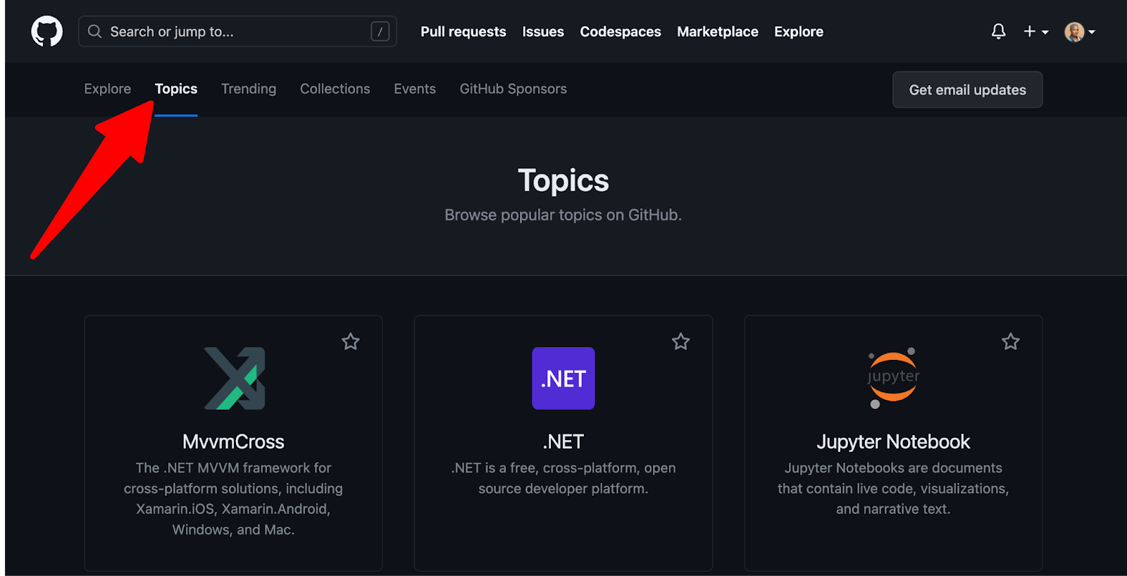 Arrow pointing to the topics tab as a logged in user on github.com. 