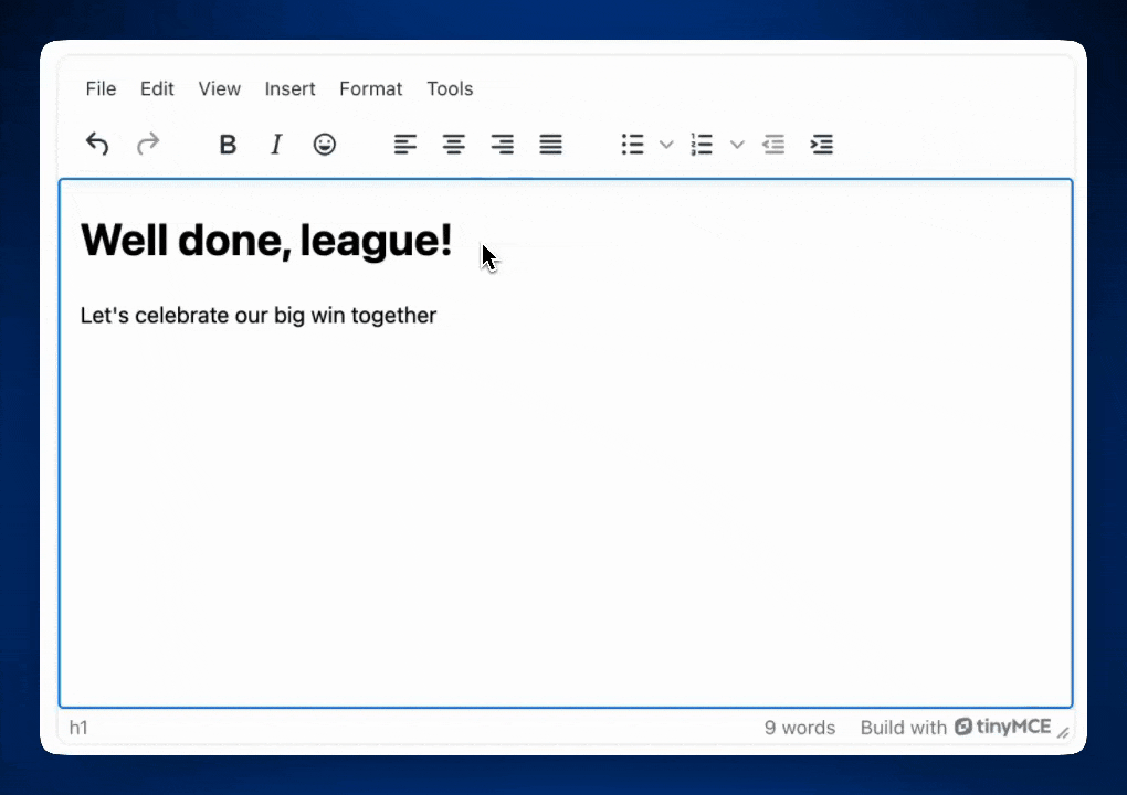 A GIF of the rich text editor TinyMCE in the web framework React with emojis.