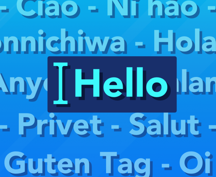 Text 'Hello' in foreground with greetings in several languages in the background.