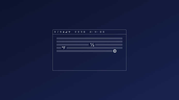 A rich text editor with typographical symbols appearing inside it.