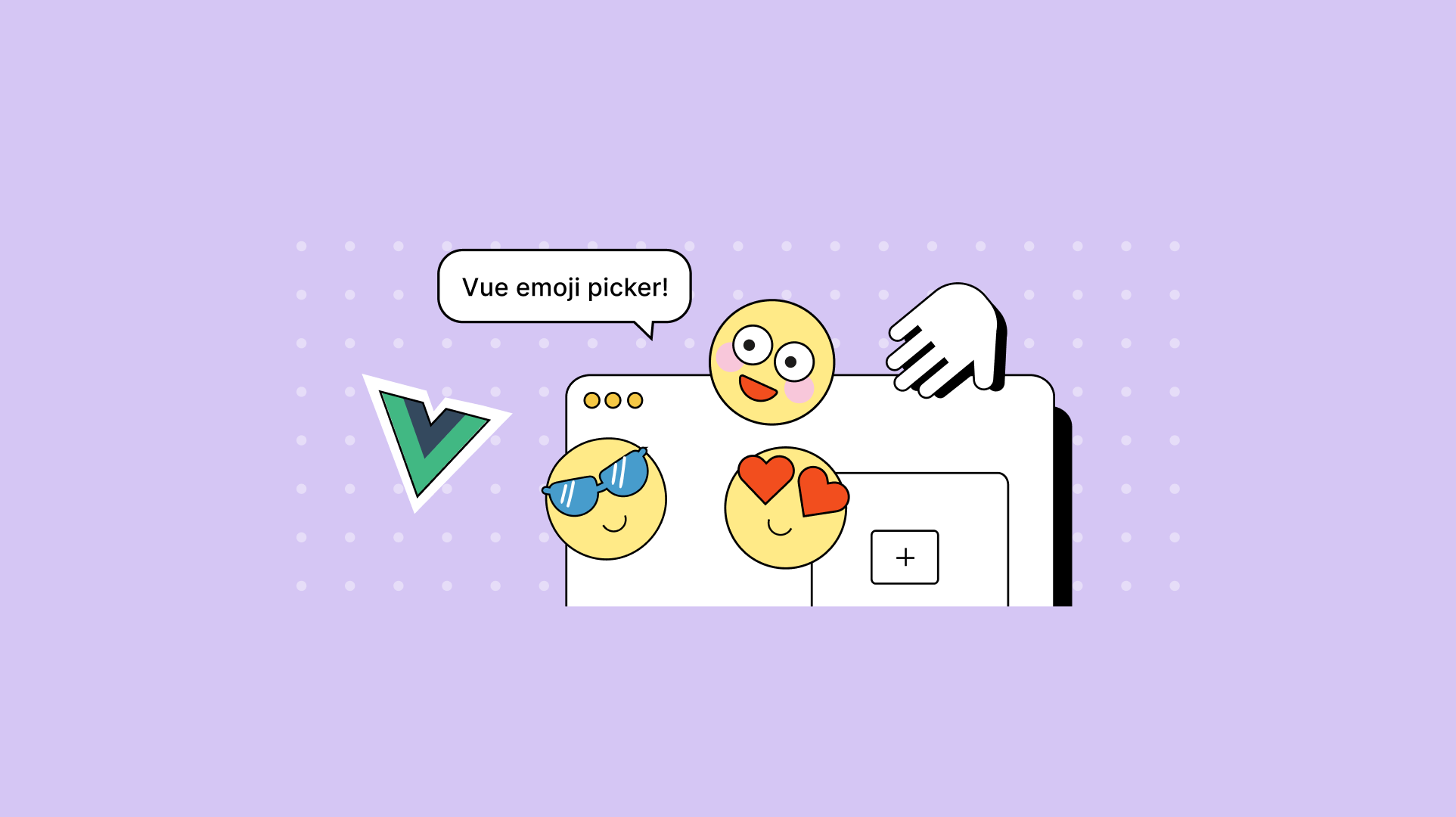 The Vue Icon stands next to a number of emoji being selected or picked from a window in a rich text editor