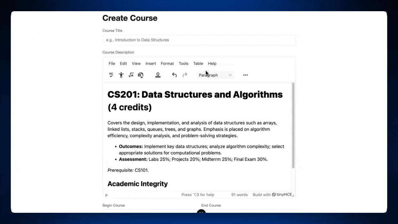 A GIF of a Create Course page inside a Learning Management System using TinyMCE with Spell Checker