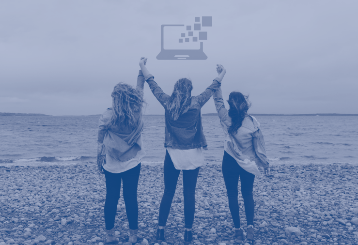 Three women in tech stand on an open blue beach, and a computer floats in the sky. by Becca Tapert & Flaticon