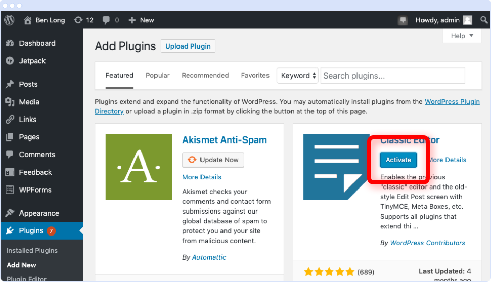 WordPress Add Plugins screen with the Activate button highlighted against the Classic Editor plugin.