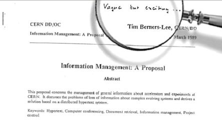 A Document written by Tim Berners-Lee has a written comment along the top margin: 