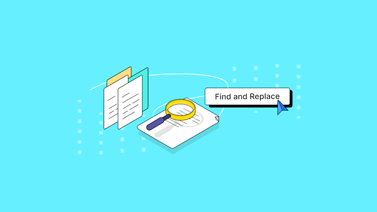 Find and replace appears as words next to a magnifying glass icon examining content for specific words to replace