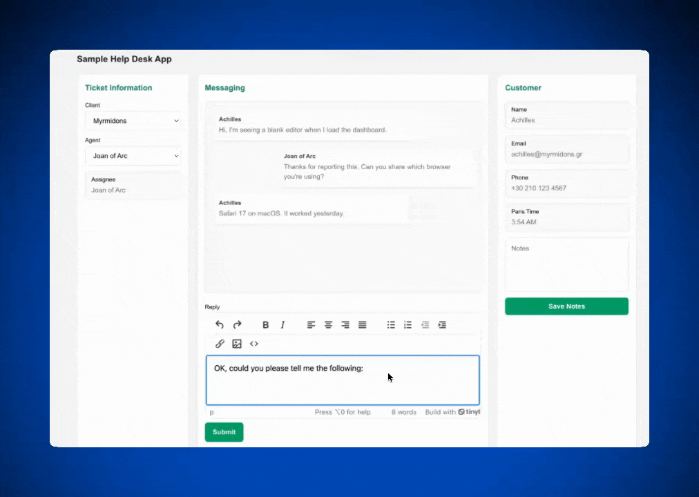 A GIF of the WYSIWYG editor TinyMCE working on a demo help desk messaging page.