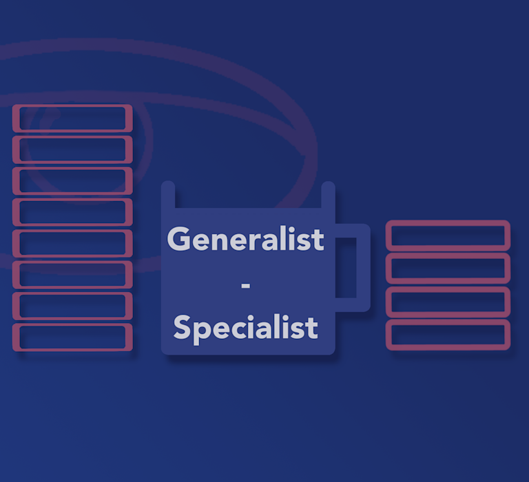 Generalist and specialist represented by two stacks of folders, with a central mug stating the two skill groups.