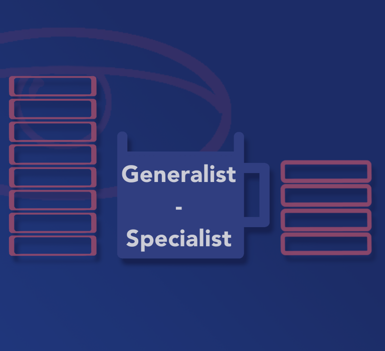Generalist and specialist represented by two stacks of folders, with a central mug stating the two skill groups.