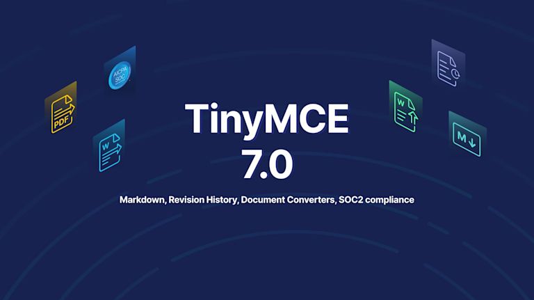 TinyMCE 7.0, Markdown, Revision History, Document Coverters, and SOC2 compliance appear in the middle of an image, with symbols representing the new features around the words