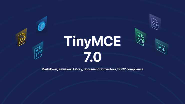 TinyMCE 7.0, Markdown, Revision History, Document Coverters, and SOC2 compliance appear in the middle of an image, with symbols representing the new features around the words
