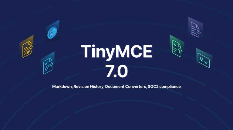 TinyMCE 7.0, Markdown, Revision History, Document Coverters, and SOC2 compliance appear in the middle of an image, with symbols representing the new features around the words