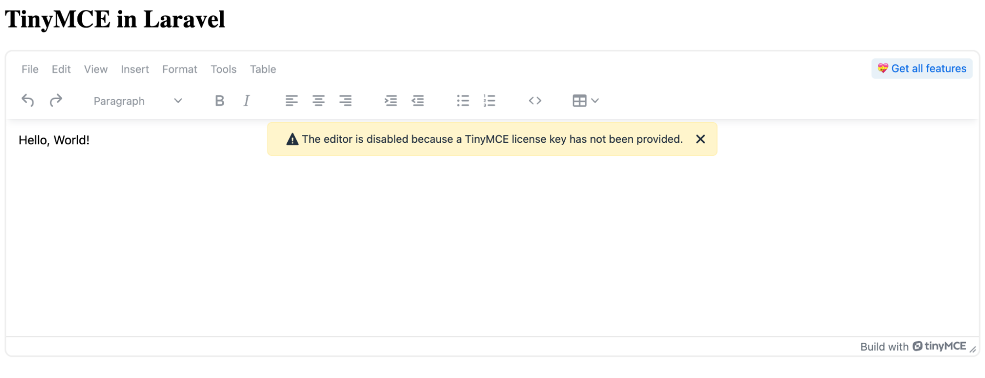 TinyMCE displaying the 