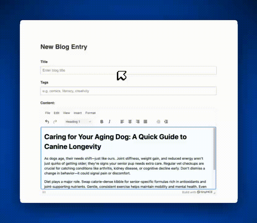 GIF of a basic React blog creation page with TinyMCE integrated. 