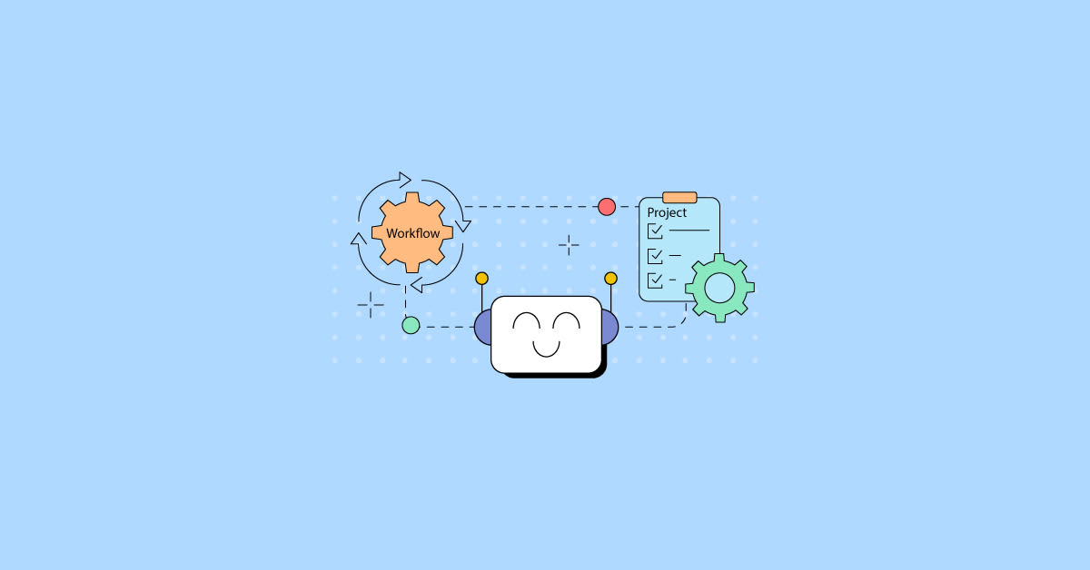 An AI represented by a robot character helps out with workflow processes