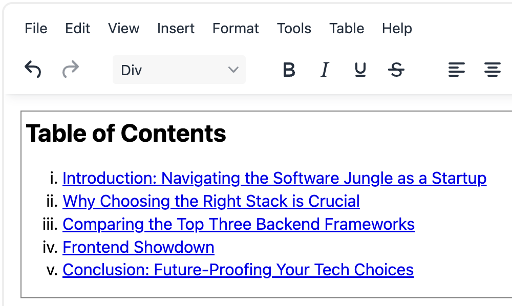 The Table of Contents plugin using an ordered list with lower-case roman numerals