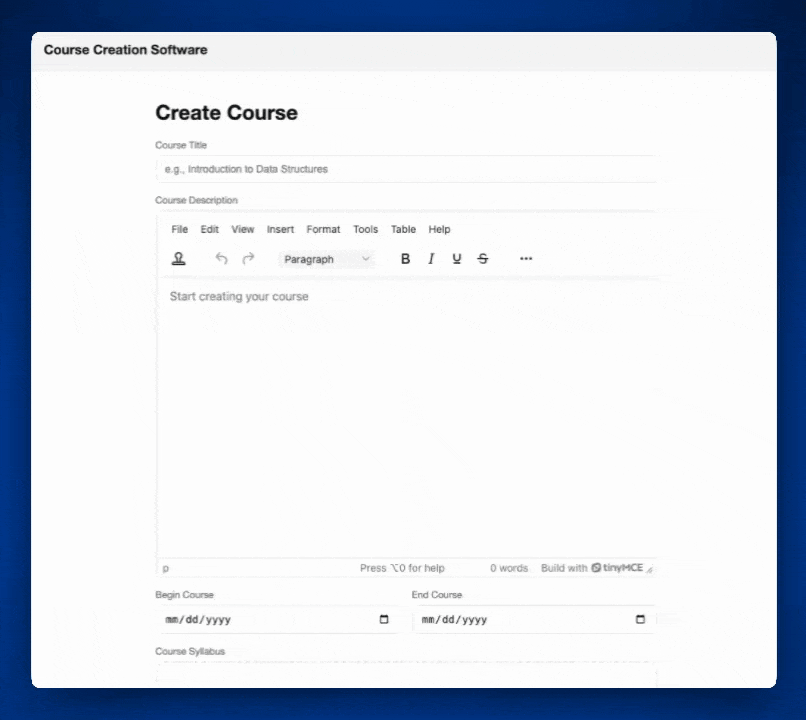 A GIF of a Create Course page inside a Learning Management System using TinyMCE with Templates