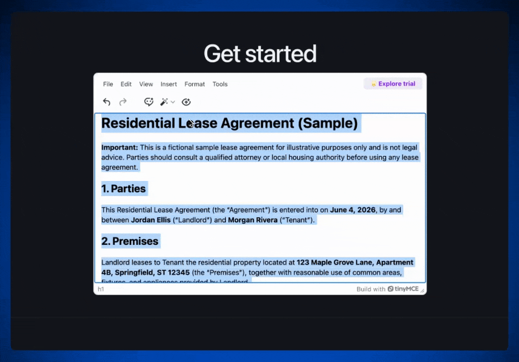 An example of AI Quick Actions summarizing a fake residential lease inside a rich text editor.